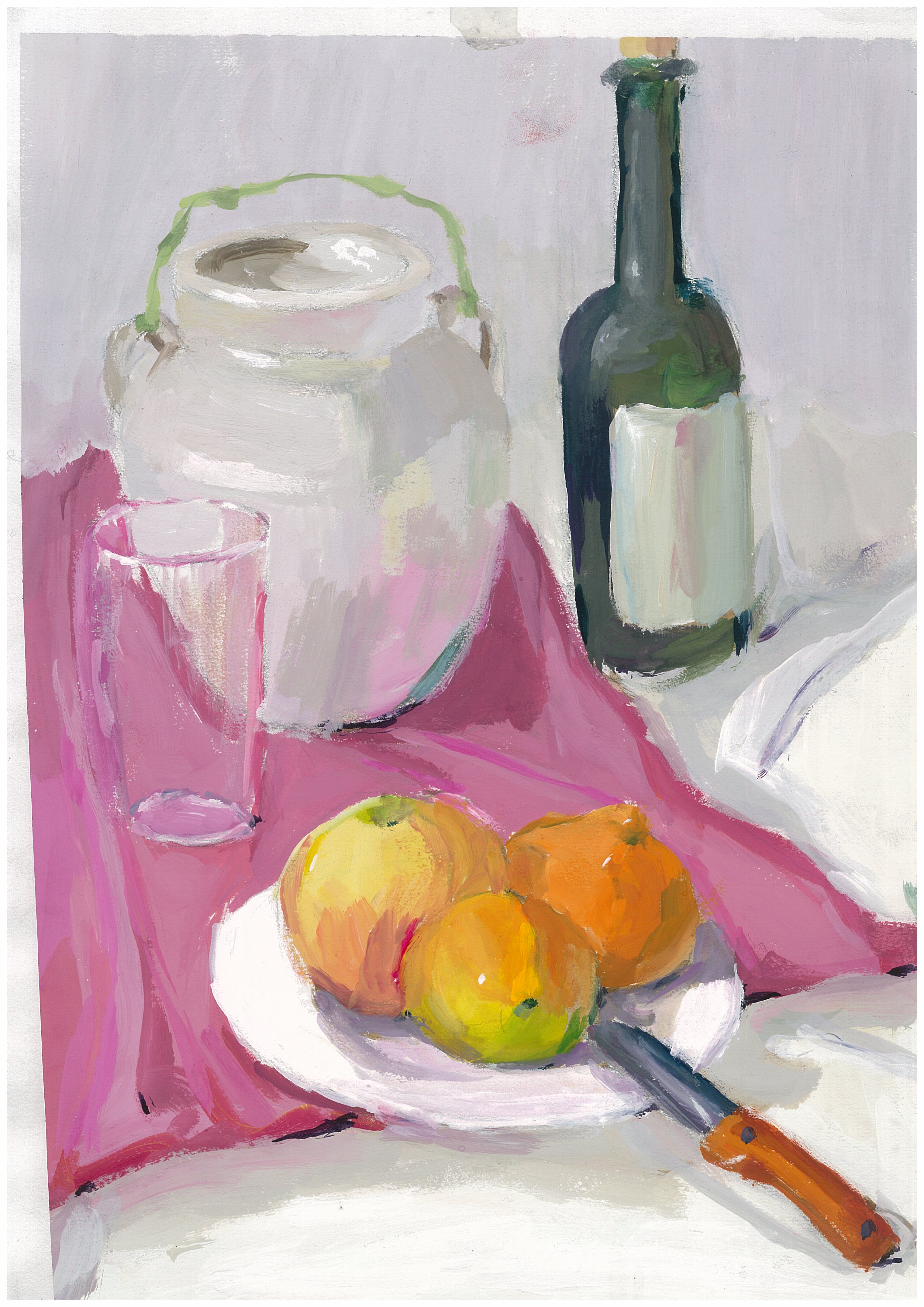 This is a water color painting about some stills like fruits and bottles.